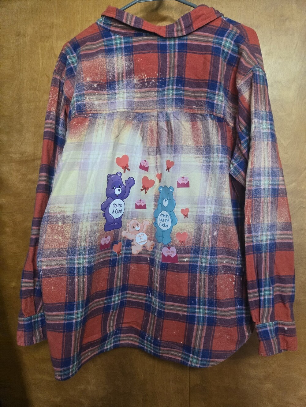 Upcycled Plaid Flannel Top w/ Cute Bear Graphic & Bleach Wash LS06 - Picture 6 of 10